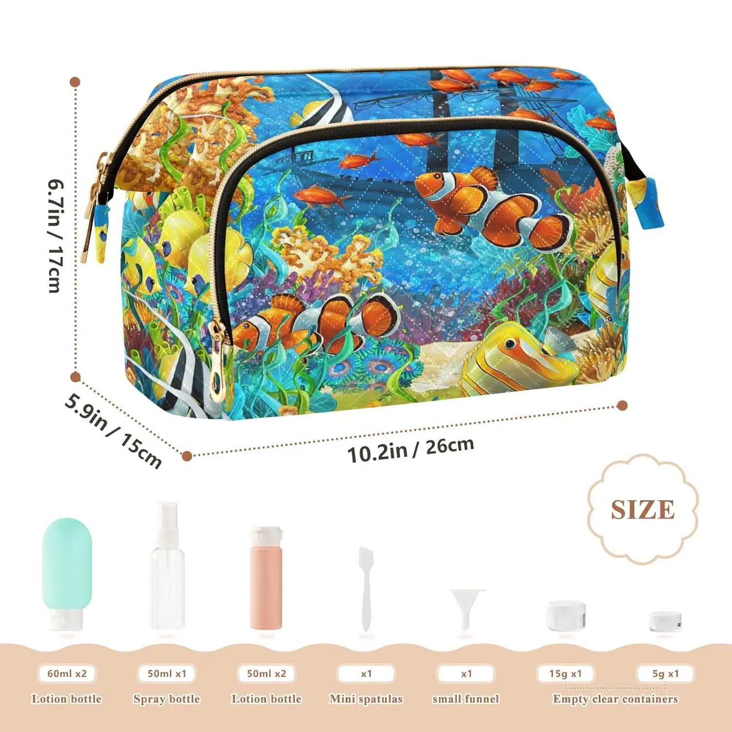 Women Wave Quilt Cosmetic Bag, Zipper Toiletry Storage 10.2x5.9x6.7 in, Pouch Handbag Makeup Case Purse Holder Organizer Print Orange Clownfish Yellow Fishes Coral Reef Ship