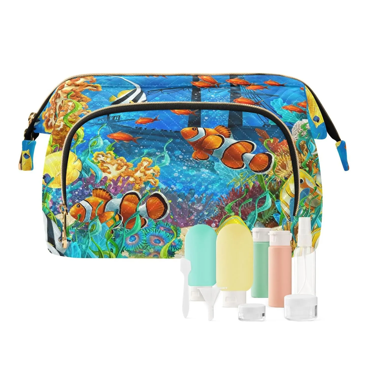 Women Wave Quilt Cosmetic Bag, Zipper Toiletry Storage 10.2x5.9x6.7 in, Pouch Handbag Makeup Case Purse Holder Organizer Print Orange Clownfish Yellow Fishes Coral Reef Ship