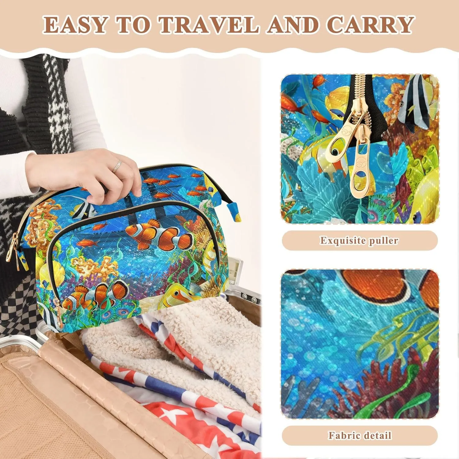 Women Wave Quilt Cosmetic Bag, Zipper Toiletry Storage 10.2x5.9x6.7 in, Pouch Handbag Makeup Case Purse Holder Organizer Print Orange Clownfish Yellow Fishes Coral Reef Ship