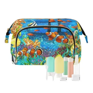 Women Wave Quilt Cosmetic Bag, Zipper Toiletry Storage 10.2x5.9x6.7 in, Pouch Handbag Makeup Case Purse Holder Organizer Print Orange Clownfish Yellow Fishes Coral Reef Ship
