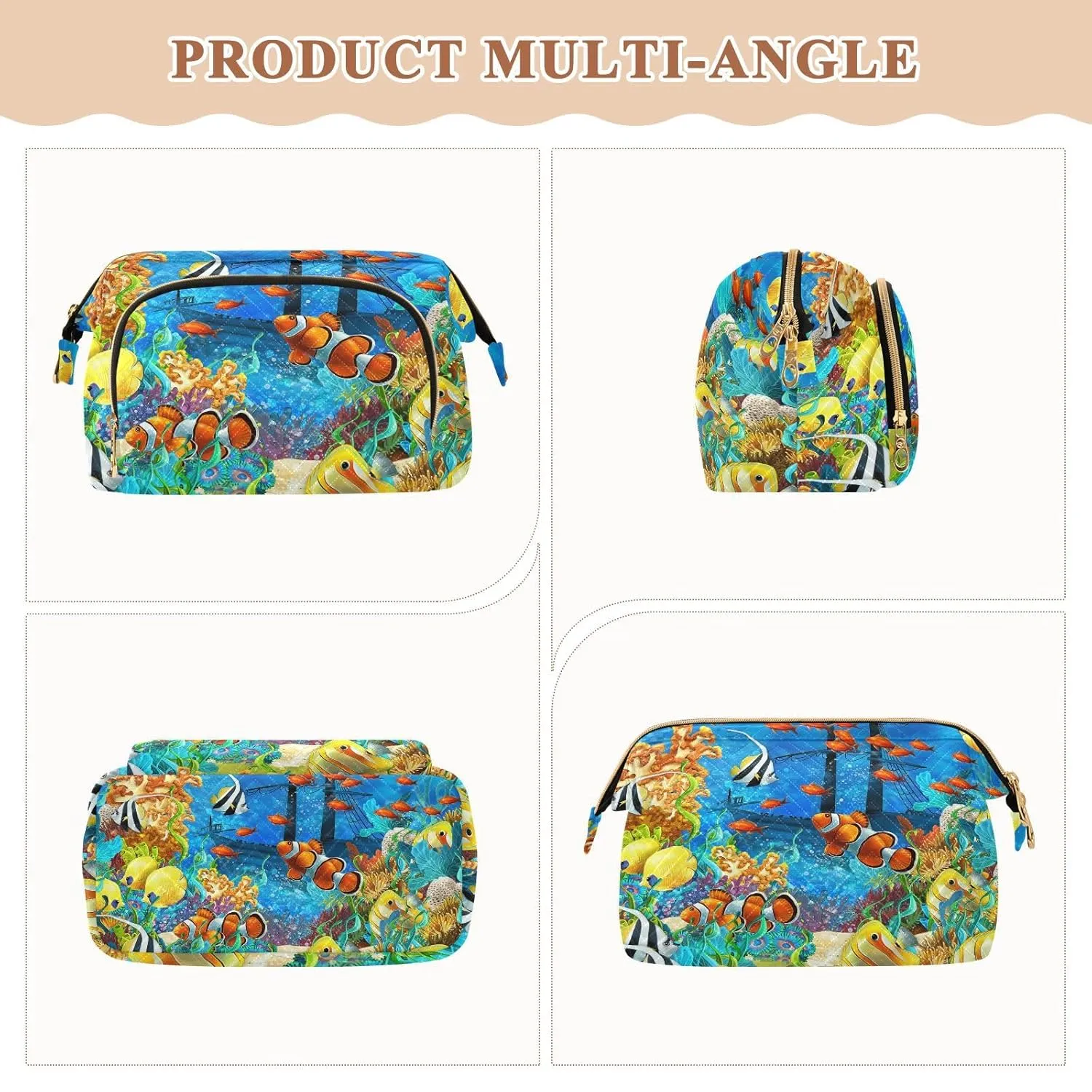 Women Wave Quilt Cosmetic Bag, Zipper Toiletry Storage 10.2x5.9x6.7 in, Pouch Handbag Makeup Case Purse Holder Organizer Print Orange Clownfish Yellow Fishes Coral Reef Ship