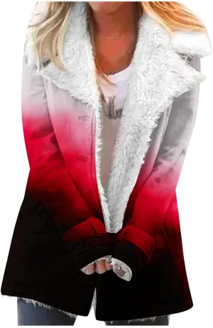 Women Winter Coat 2023 Long Sleeve Button Down Gradient Print Lapel Outerwear Jacket Loose Casual Warm Clothes for Ladies