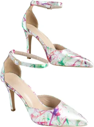 Women’s Artistic Printed Leather High Heels | Adjustable Ankle Strap Party Shoes | Vibrant Abstract Design for Weddings, Exhibitions, Evening Events