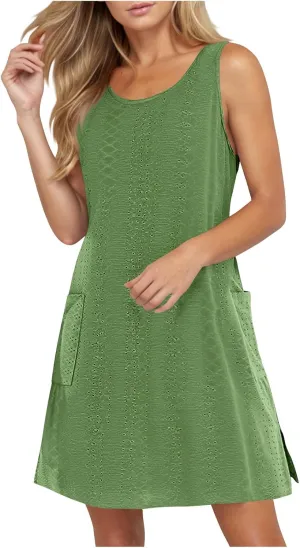 Women's Casual Dresses Soft Sleeveless Crewneck Summer Vacation Dresses with Pockets Relaxed Size Mini Dresses