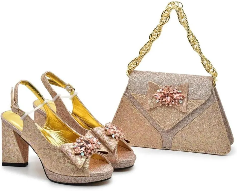 Women's Crystal Peep-Toe High Heel Pumps with Matching Bag Handmade Buckle Strap Wedding Shoes