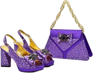 Women's Crystal Peep-Toe High Heel Pumps with Matching Bag Handmade Buckle Strap Wedding Shoes