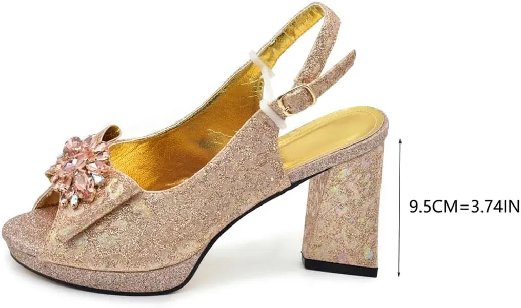 Women's Crystal Peep-Toe High Heel Pumps with Matching Bag Handmade Buckle Strap Wedding Shoes