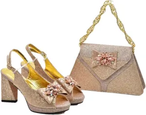 Women's Crystal Peep-Toe High Heel Pumps with Matching Bag Handmade Buckle Strap Wedding Shoes