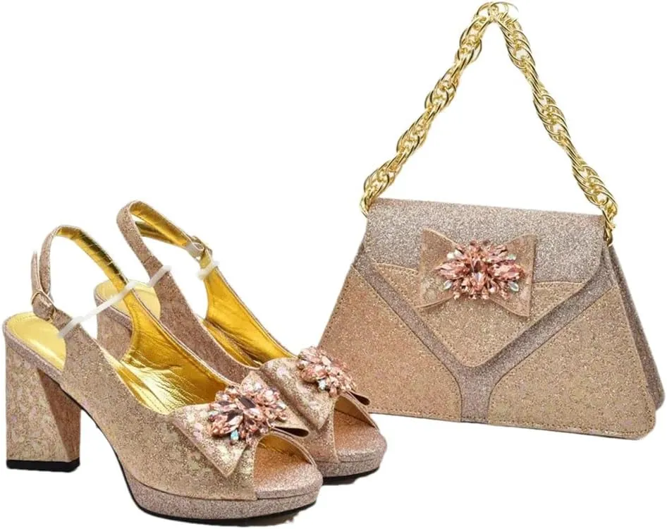 Women's Crystal Peep-Toe High Heel Pumps with Matching Bag Handmade Buckle Strap Wedding Shoes