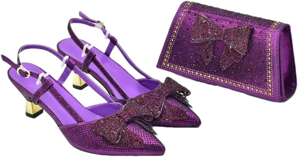Women's Crystal Pointed-Toe High Heel Pumps with Matching Bag Slingback Buckle Strap Elegant Shoes