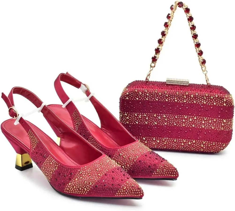 Women's Crystal Pointed-Toe Medium Heel Pumps with Matching Bag Slingback Buckle Strap Party Shoes