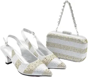 Women's Crystal Pointed-Toe Medium Heel Pumps with Matching Bag Slingback Buckle Strap Party Shoes