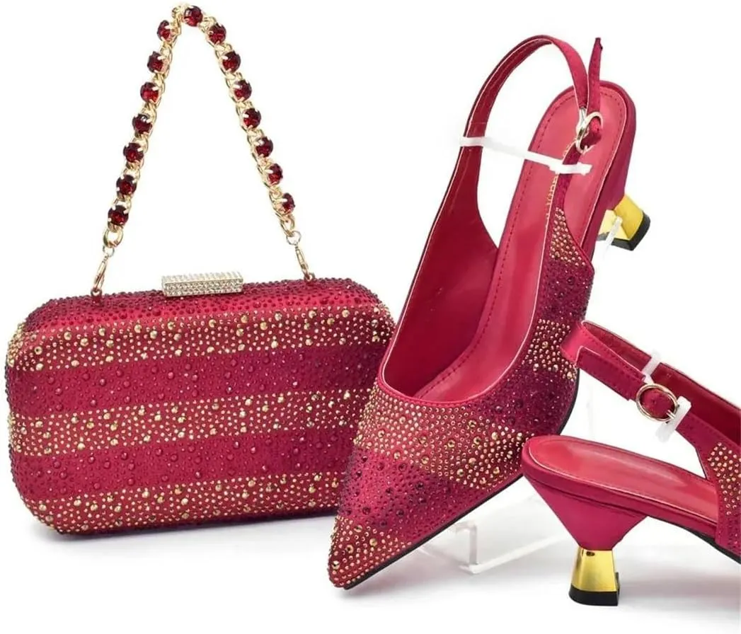 Women's Crystal Pointed-Toe Medium Heel Pumps with Matching Bag Slingback Buckle Strap Party Shoes