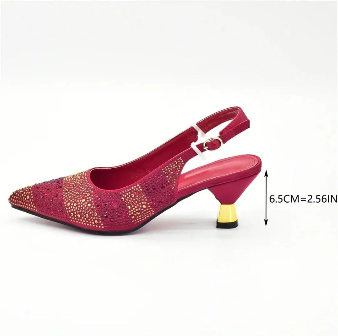 Women's Crystal Pointed-Toe Medium Heel Pumps with Matching Bag Slingback Buckle Strap Party Shoes