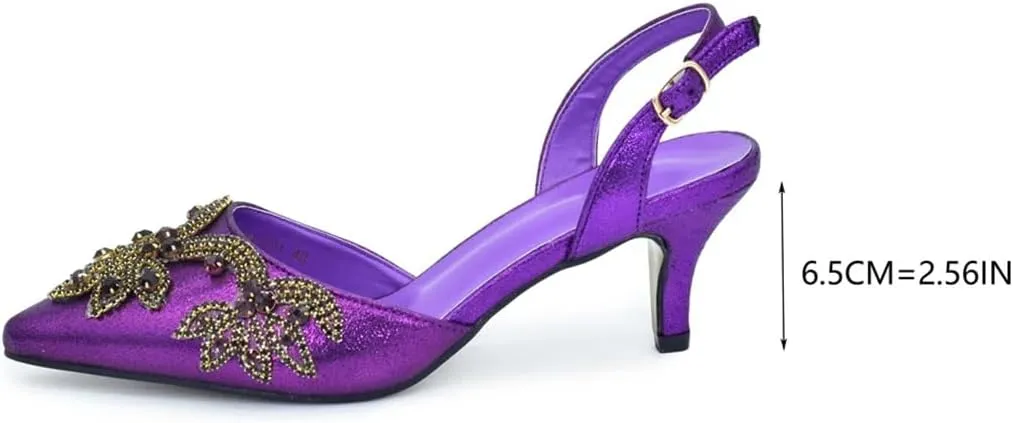 Women's Diamond Embellished Pointed-Toe Pumps with Matching Bag Thin Heel Slingback Party Shoes