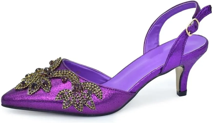 Women's Diamond Embellished Pointed-Toe Pumps with Matching Bag Thin Heel Slingback Party Shoes