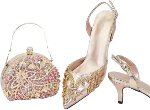 Women's Diamond Embellished Pointed-Toe Pumps with Matching Bag Thin Heel Slingback Party Shoes