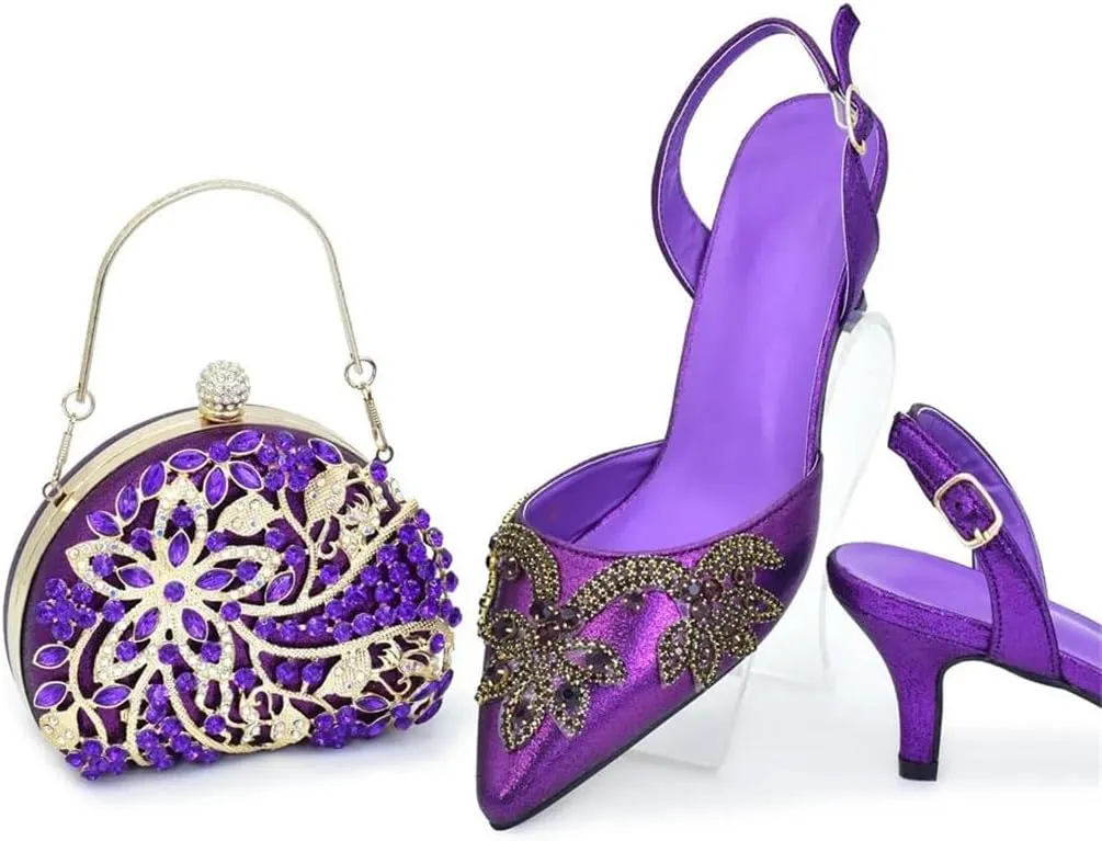 Women's Diamond Embellished Pointed-Toe Pumps with Matching Bag Thin Heel Slingback Party Shoes