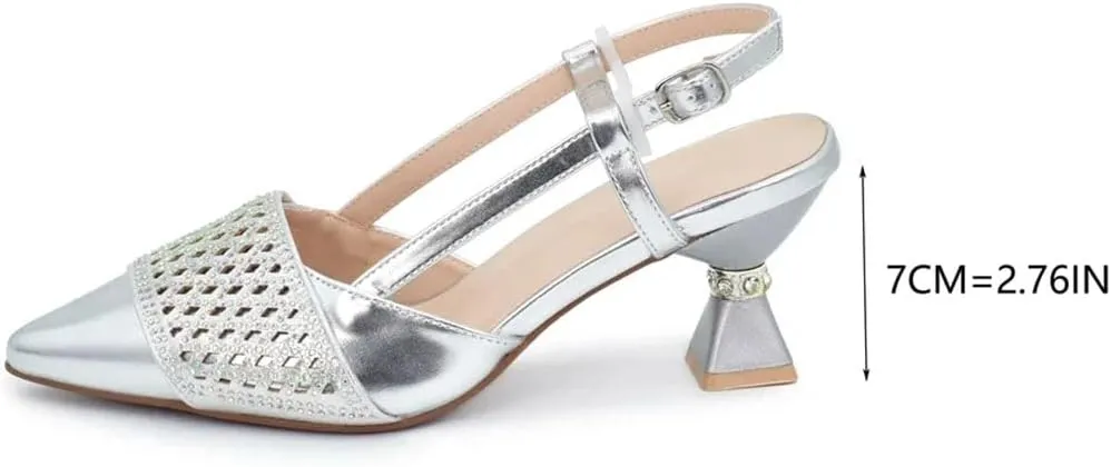Women's Elegant Diamond High Heel Shoes and Bag Set with Pointed Toe Spike Heel Slingbacks for Wedding