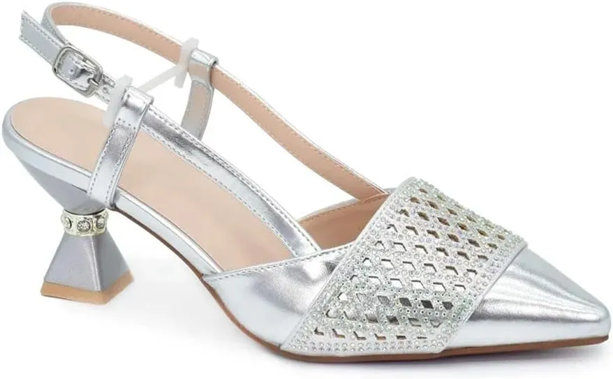 Women's Elegant Diamond High Heel Shoes and Bag Set with Pointed Toe Spike Heel Slingbacks for Wedding