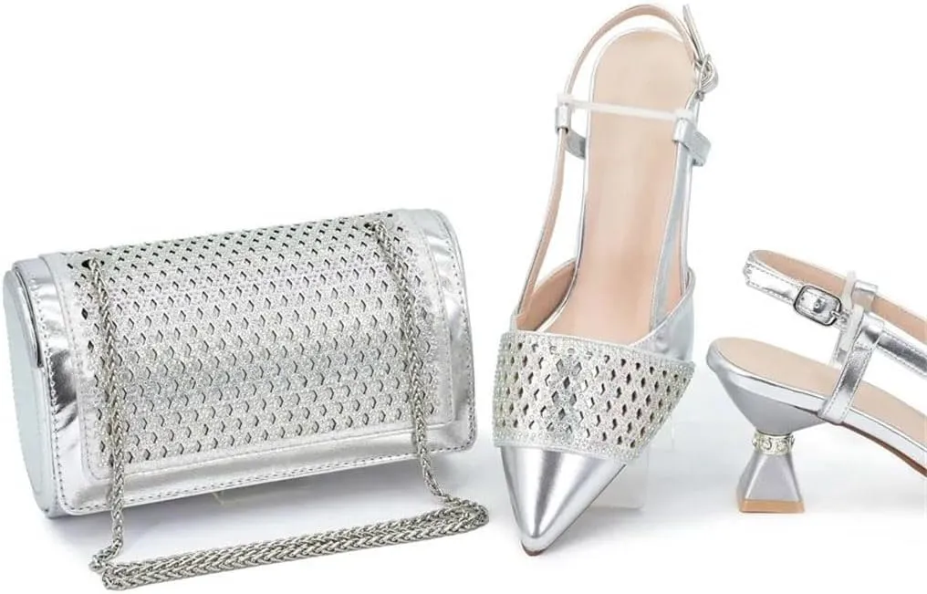 Women's Elegant Diamond High Heel Shoes and Bag Set with Pointed Toe Spike Heel Slingbacks for Wedding