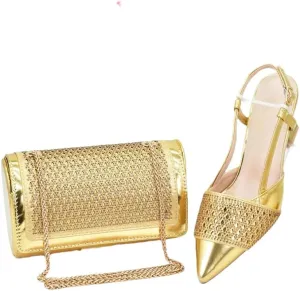 Women's Elegant Diamond High Heel Shoes and Bag Set with Pointed Toe Spike Heel Slingbacks for Wedding