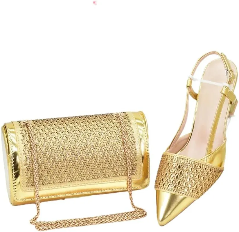 Women's Elegant Diamond High Heel Shoes and Bag Set with Pointed Toe Spike Heel Slingbacks for Wedding