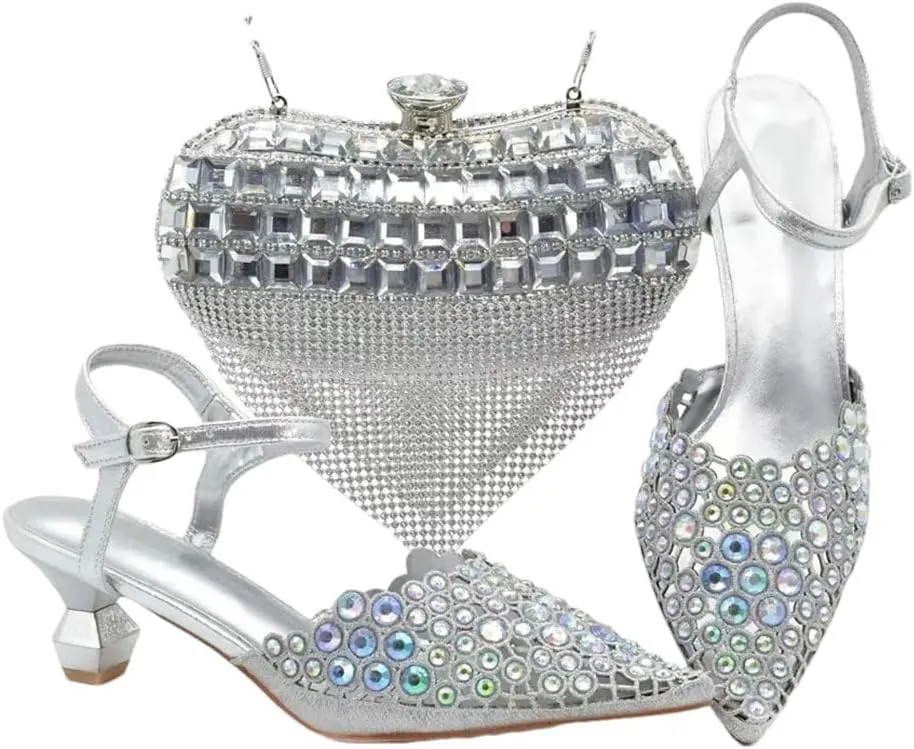 Women's Elegant Diamond Party Shoes and Bag Set with Pointed Toe Strange Heel Slingbacks