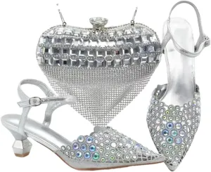 Women's Elegant Diamond Party Shoes and Bag Set with Pointed Toe Strange Heel Slingbacks