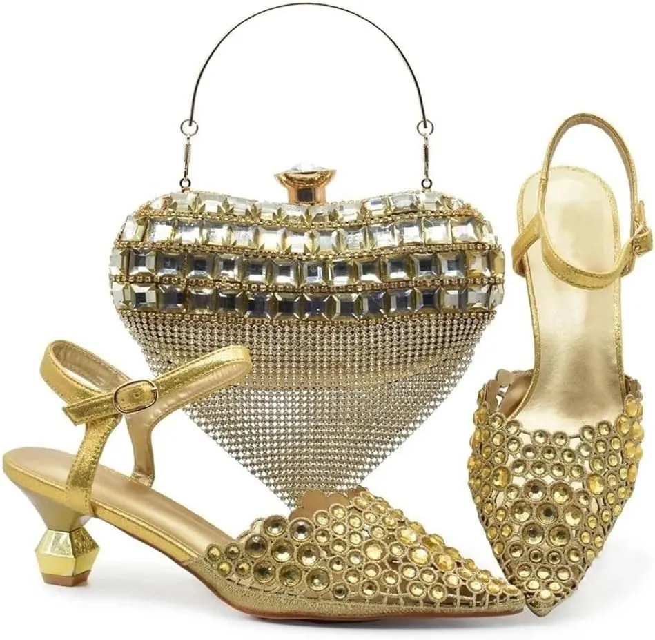 Women's Elegant Diamond Party Shoes and Bag Set with Pointed Toe Strange Heel Slingbacks