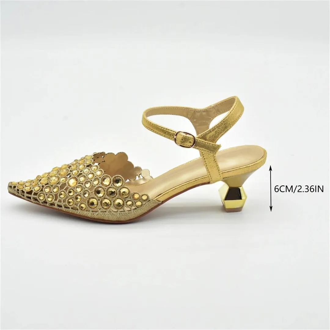 Women's Elegant Diamond Party Shoes and Bag Set with Pointed Toe Strange Heel Slingbacks