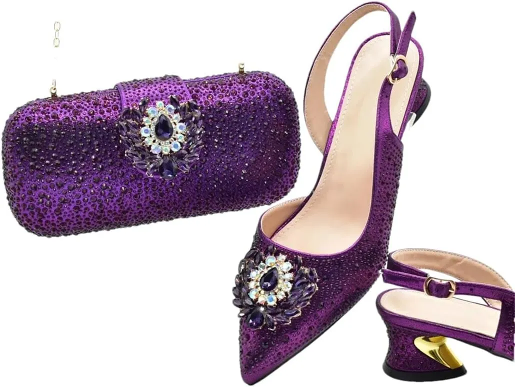 Women's Elegant Diamond Wedding Shoes and Bag Set with Pointed Toe Hoof Heel Slingbacks for Party