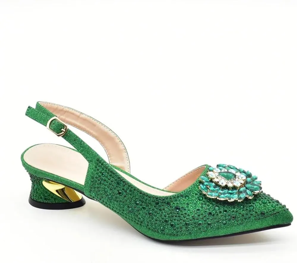 Women's Elegant Diamond Wedding Shoes and Bag Set with Pointed Toe Hoof Heel Slingbacks for Party