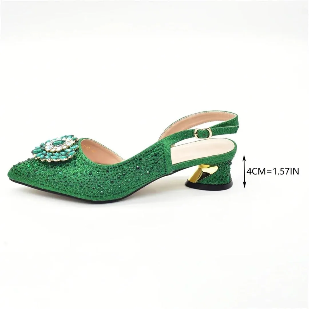 Women's Elegant Diamond Wedding Shoes and Bag Set with Pointed Toe Hoof Heel Slingbacks for Party