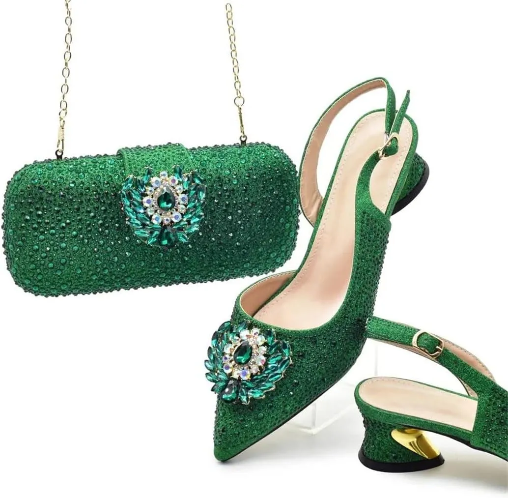 Women's Elegant Diamond Wedding Shoes and Bag Set with Pointed Toe Hoof Heel Slingbacks for Party