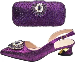 Women's Elegant Full Diamond Shoes and Bag Set with Pointed Toe Hoof Heel Slingbacks for Wedding
