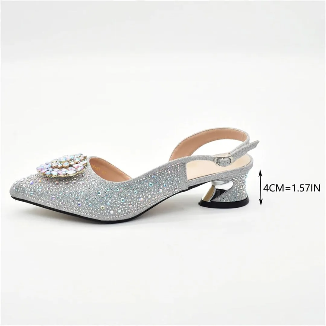 Women's Elegant Full Diamond Shoes and Bag Set with Pointed Toe Hoof Heel Slingbacks for Wedding