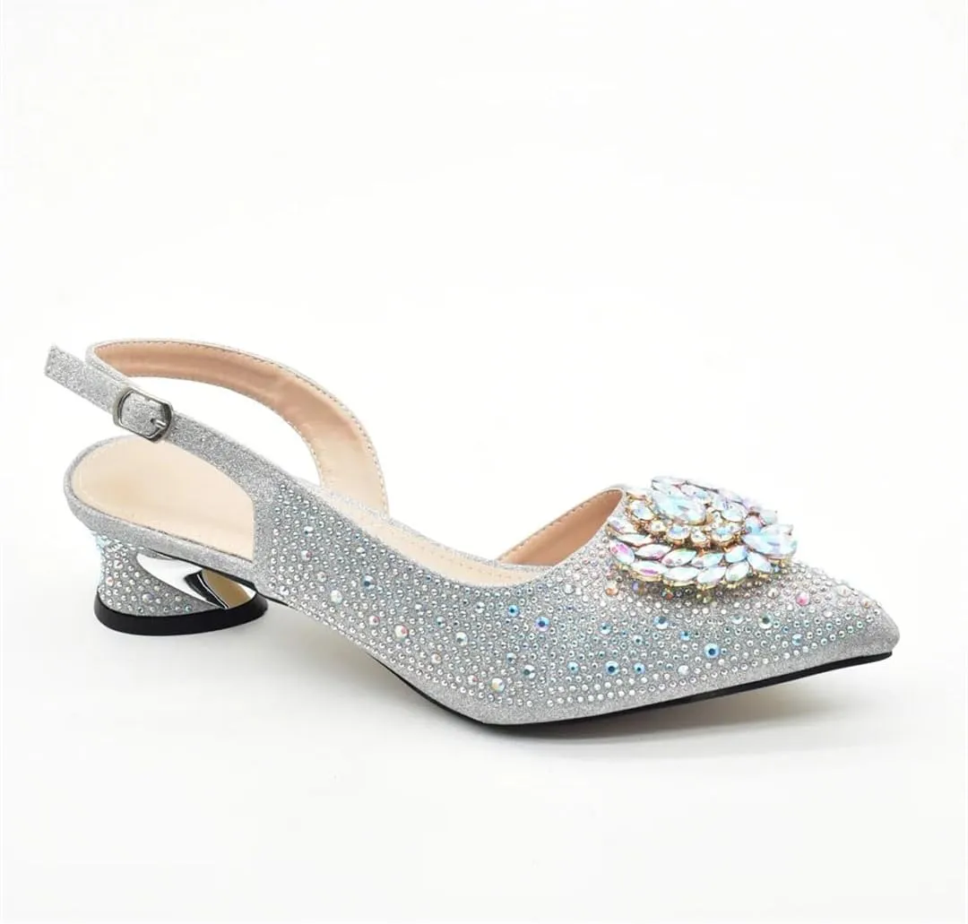 Women's Elegant Full Diamond Shoes and Bag Set with Pointed Toe Hoof Heel Slingbacks for Wedding