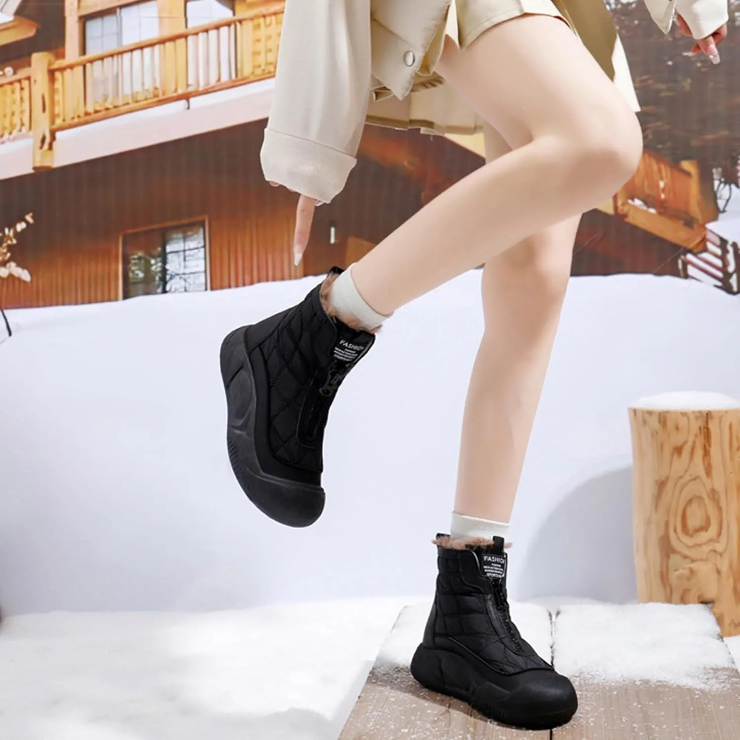 Women's Fashion Platform Front Zipper Warm Snow Boots Comfortable Round Toe Fur Lined High Top Soft Bottom Anti-Slip Waterproof Orthopedic Ankle Booties