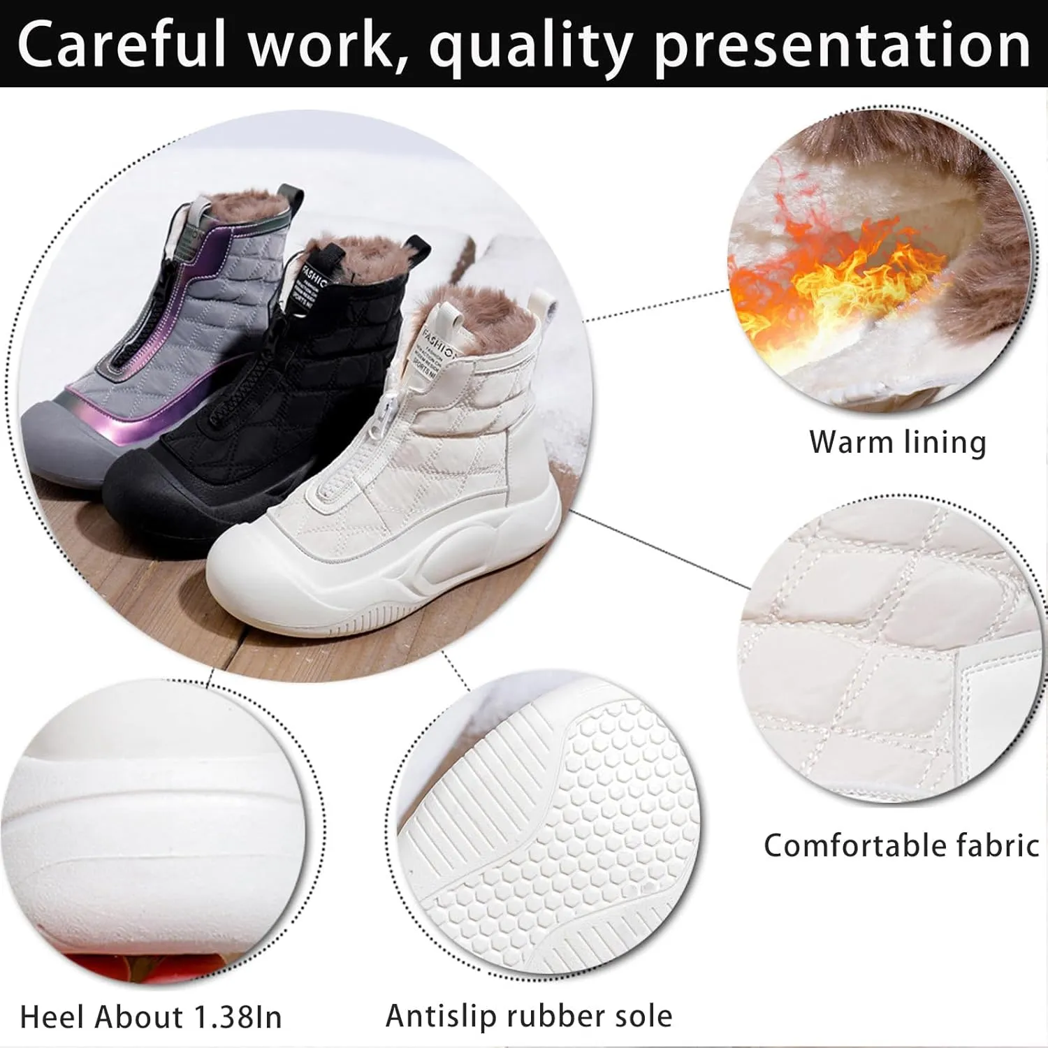 Women's Fashion Platform Front Zipper Warm Snow Boots Comfortable Round Toe Fur Lined High Top Soft Bottom Anti-Slip Waterproof Orthopedic Ankle Booties