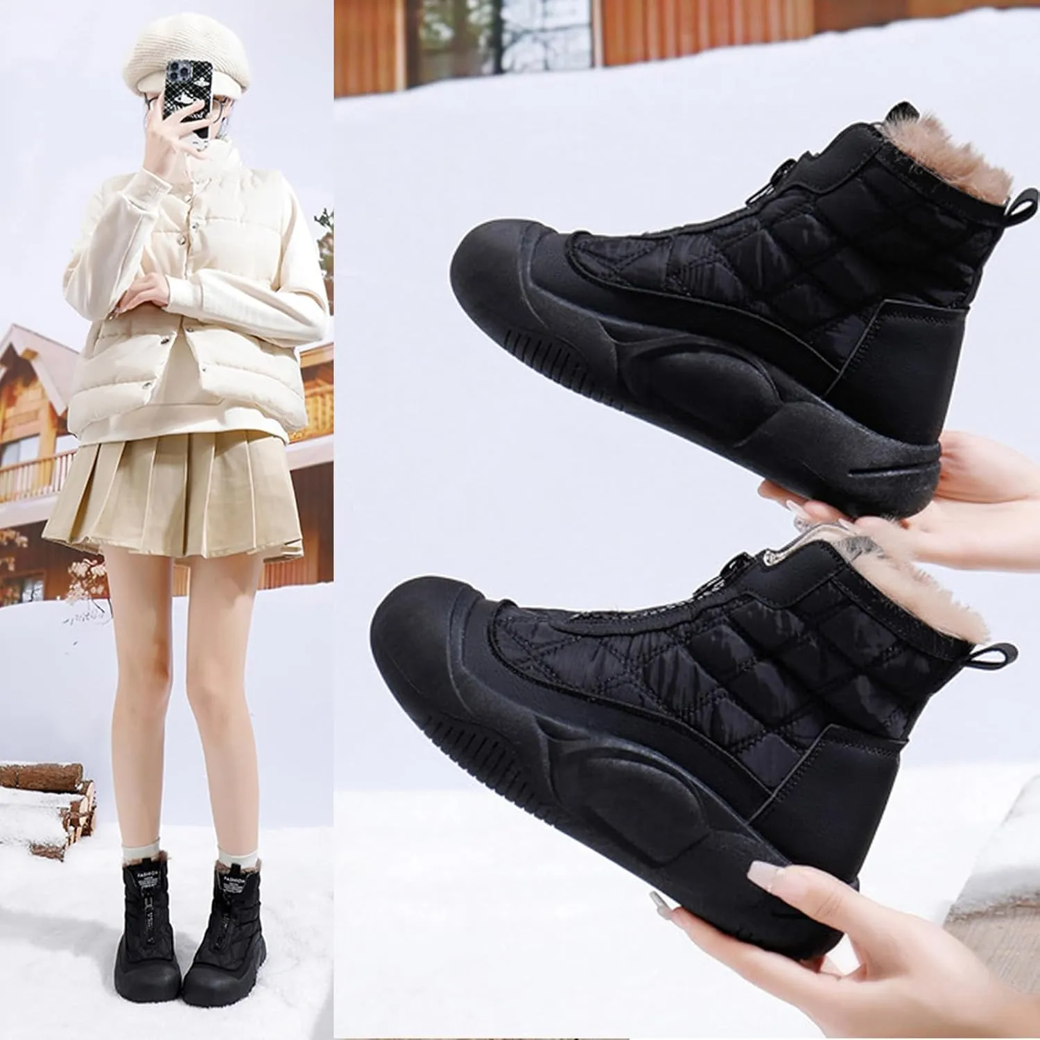 Women's Fashion Platform Front Zipper Warm Snow Boots Comfortable Round Toe Fur Lined High Top Soft Bottom Anti-Slip Waterproof Orthopedic Ankle Booties