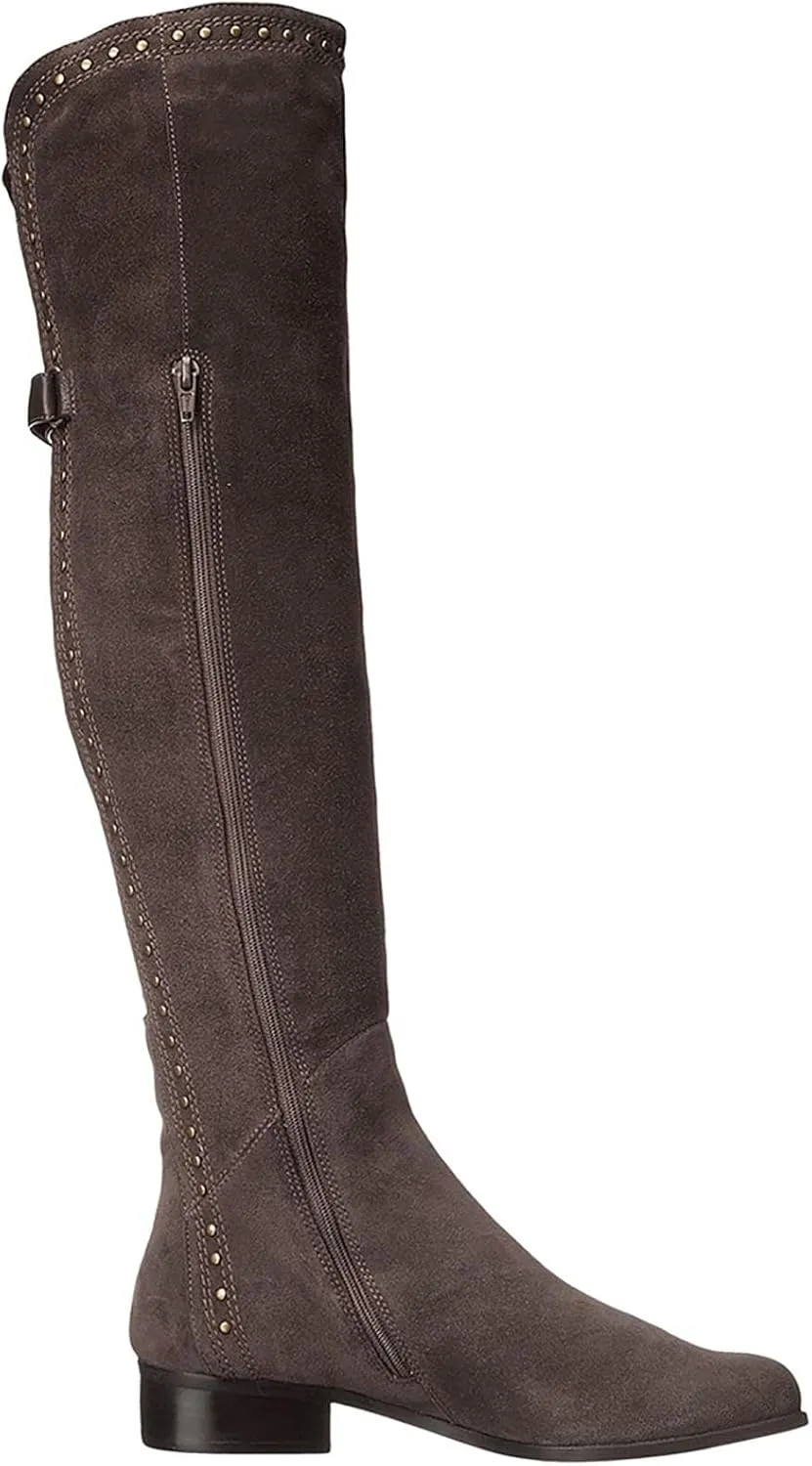 Women's Flat Over The Knee Boots Suede Platform Thigh High Boots Fashion Rivet Leather Stitching Long Boots Classic Side Zipper Round Toe Walking Boots