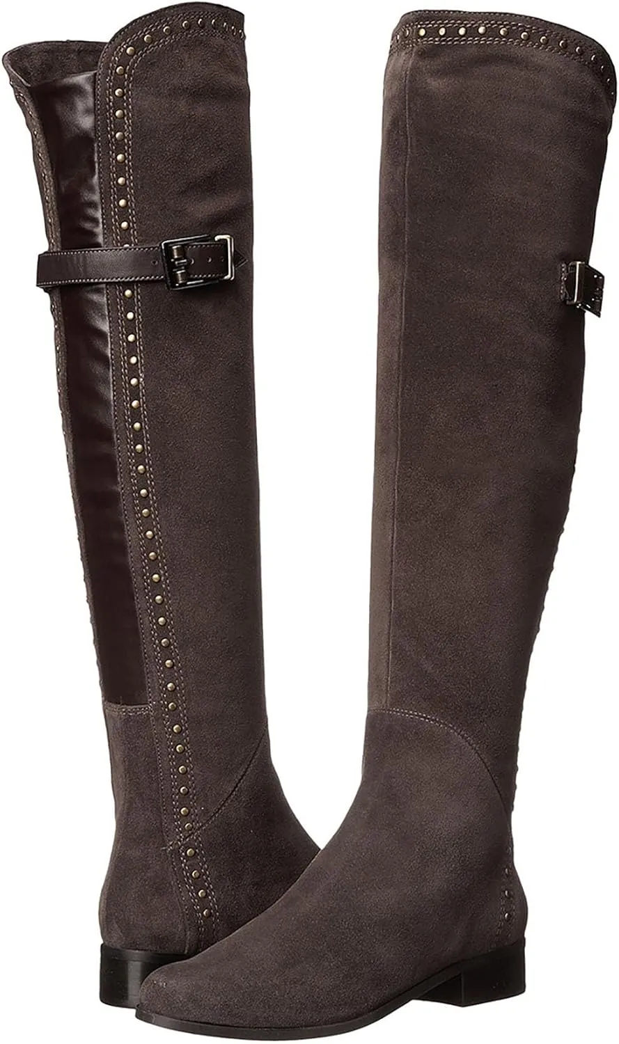 Women's Flat Over The Knee Boots Suede Platform Thigh High Boots Fashion Rivet Leather Stitching Long Boots Classic Side Zipper Round Toe Walking Boots