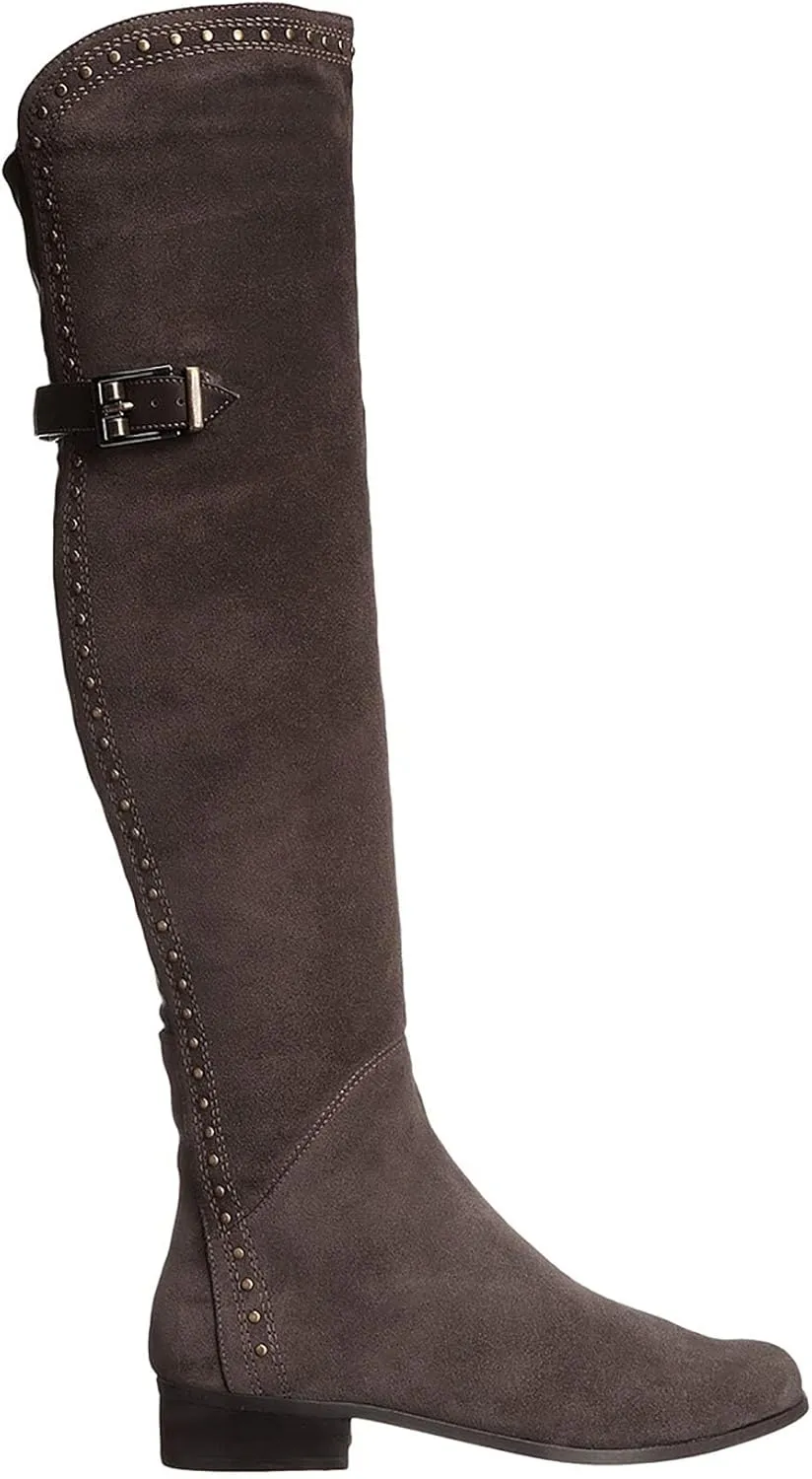 Women's Flat Over The Knee Boots Suede Platform Thigh High Boots Fashion Rivet Leather Stitching Long Boots Classic Side Zipper Round Toe Walking Boots