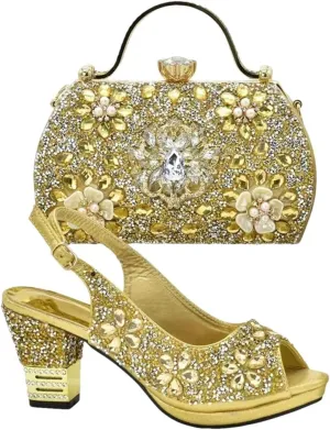 Women's Floral Diamond Peep-Toe Super High Heel Pumps with Matching Bag Slingback Party Shoes
