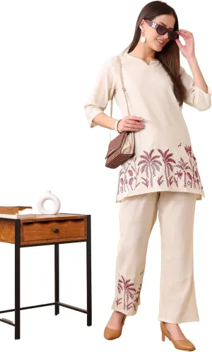 Women’s Floral Printed Co-Ord Set – 2 Piece Lounge Set with Top & Pants – Ethnic Casual Summer Outfit
