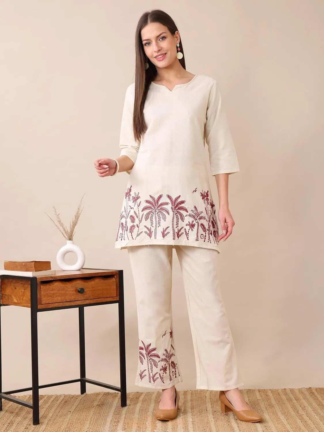 Women’s Floral Printed Co-Ord Set – 2 Piece Lounge Set with Top & Pants – Ethnic Casual Summer Outfit