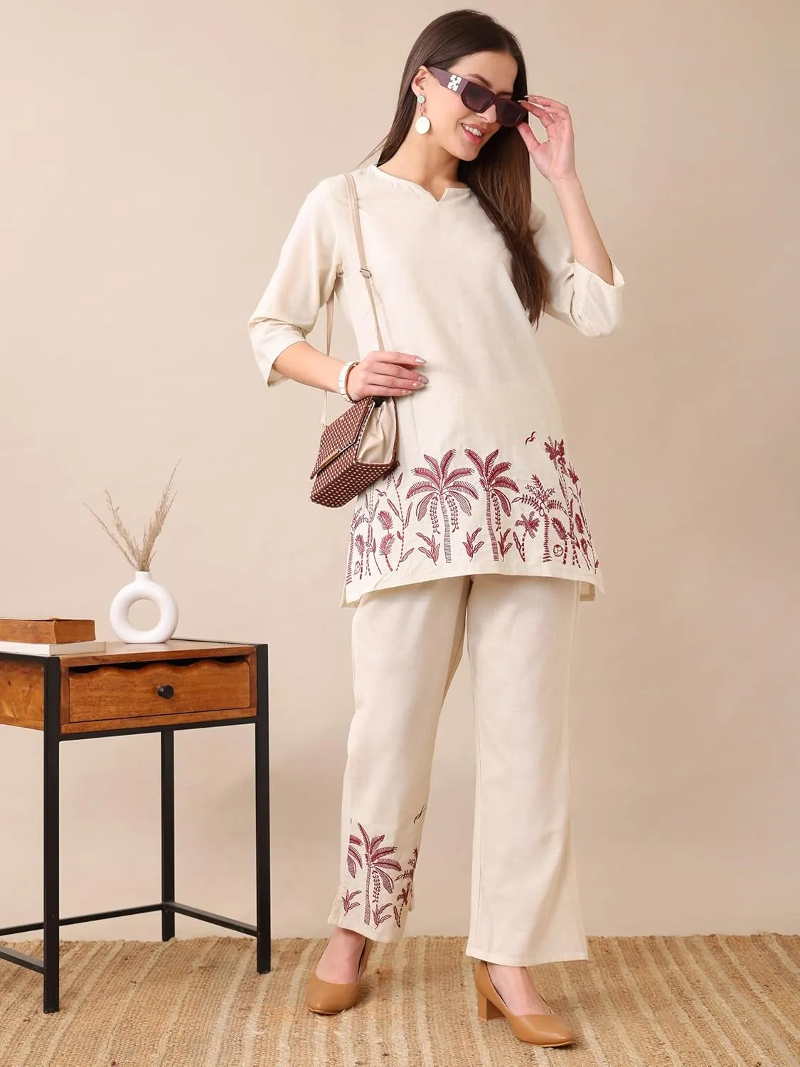 Women’s Floral Printed Co-Ord Set – 2 Piece Lounge Set with Top & Pants – Ethnic Casual Summer Outfit