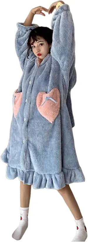 Women's Fuzzy Robe Cute Cartoon Coral Velvet Pajama Robe Soft Comfy Hooded Bathrobe Ladies Sleepwear Housecoat