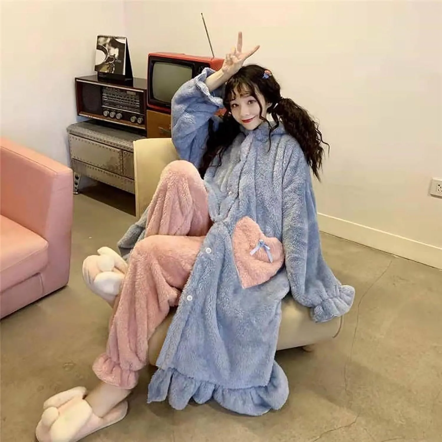 Women's Fuzzy Robe Cute Cartoon Coral Velvet Pajama Robe Soft Comfy Hooded Bathrobe Ladies Sleepwear Housecoat